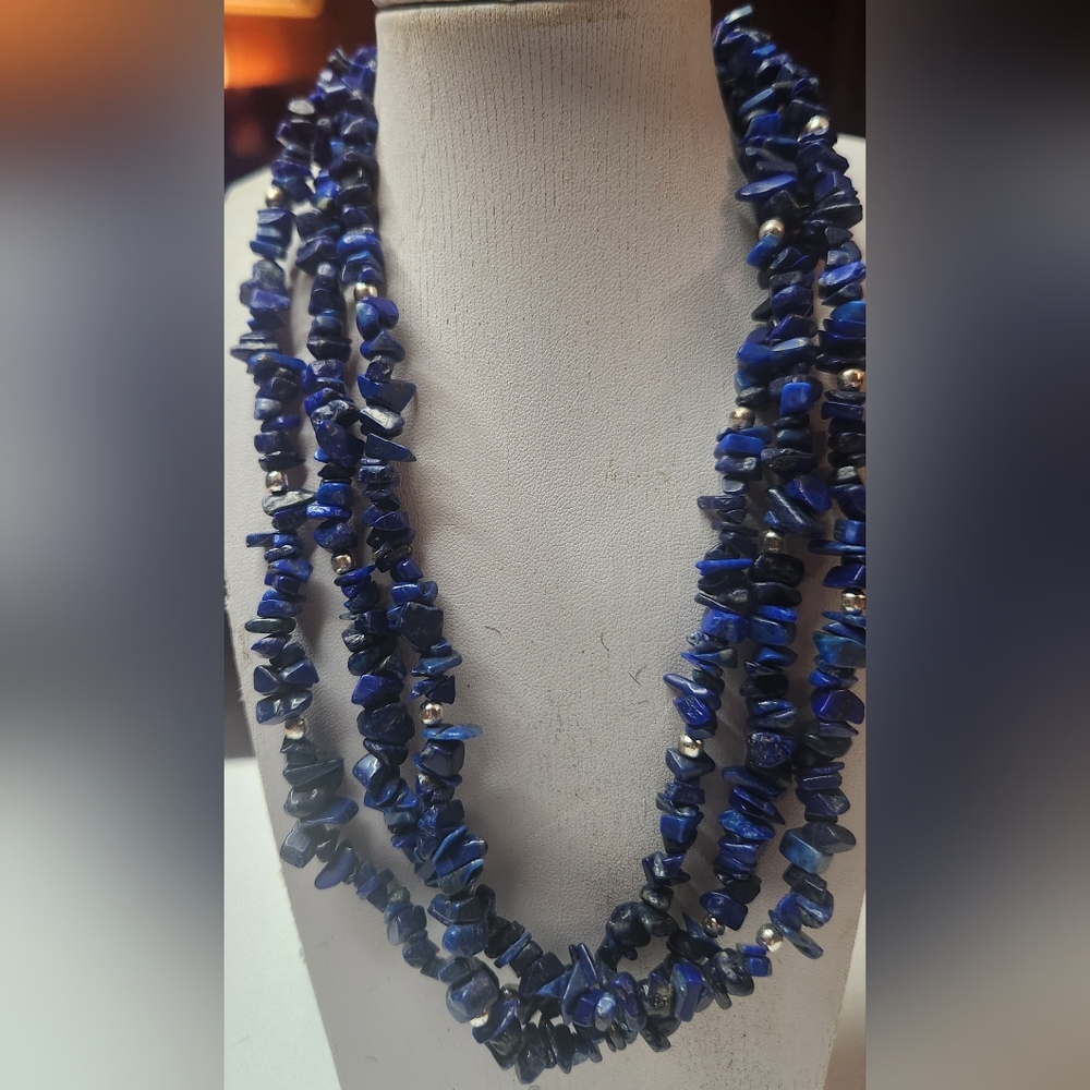 Vintage 925 Sterling Silver Beaded Lapiz Necklace 19.5"